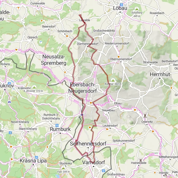 Mapa miniatúra "Gravelový okruh od Varnsdorfu" cyklistická inšpirácia v Severozápad, Czech Republic. Vygenerované cyklistickým plánovačom trás Tarmacs.app