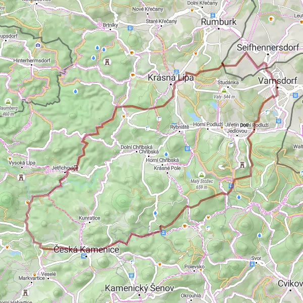 Map miniature of "Gravel Cycling Exploration near Varnsdorf" cycling inspiration in Severozápad, Czech Republic. Generated by Tarmacs.app cycling route planner
