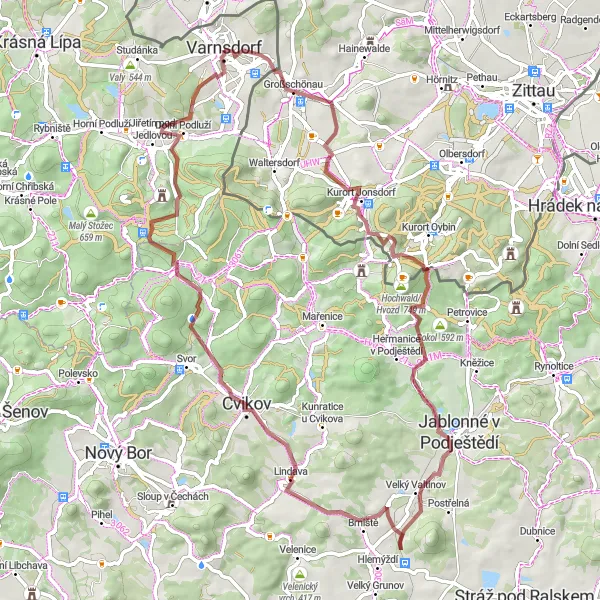 Miniaturní mapa "Gravelová výzva skrz krajinu Varnsdorfu" inspirace pro cyklisty v oblasti Severozápad, Czech Republic. Vytvořeno pomocí plánovače tras Tarmacs.app