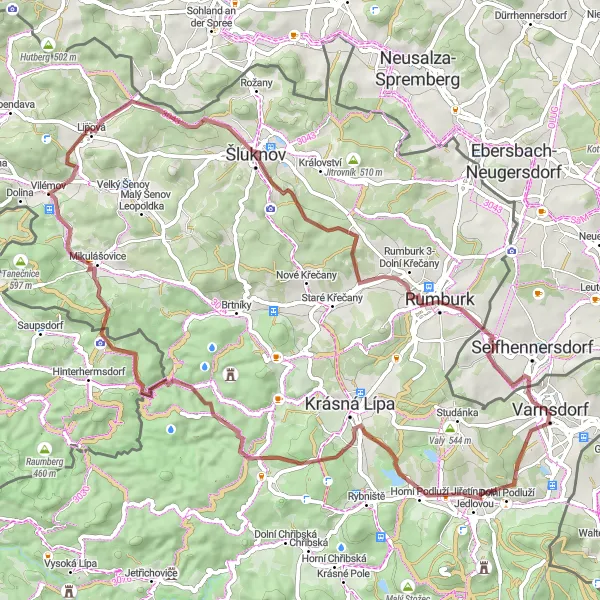 Karten-Miniaturansicht der Radinspiration "Gravel-Radtour um Varnsdorf" in Severozápad, Czech Republic. Erstellt vom Tarmacs.app-Routenplaner für Radtouren