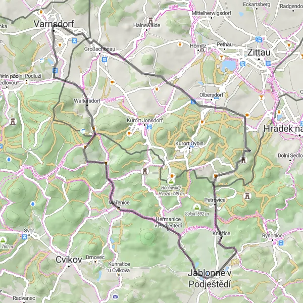 Map miniature of "Varnsdorf Road Cycling Adventure" cycling inspiration in Severozápad, Czech Republic. Generated by Tarmacs.app cycling route planner