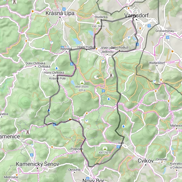 Map miniature of "Scenic Road Cycling Loop near Varnsdorf" cycling inspiration in Severozápad, Czech Republic. Generated by Tarmacs.app cycling route planner