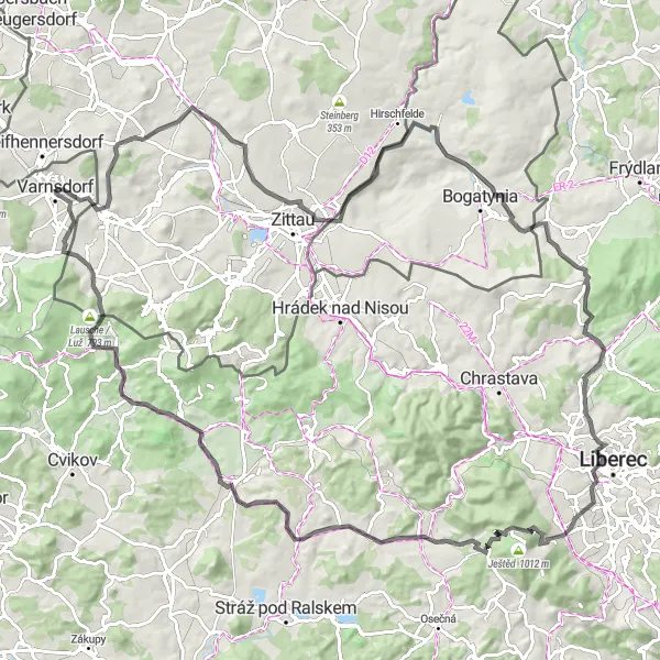 Mapa miniatúra "Zakopaná cesta cez Křižany a Výpřež" cyklistická inšpirácia v Severozápad, Czech Republic. Vygenerované cyklistickým plánovačom trás Tarmacs.app