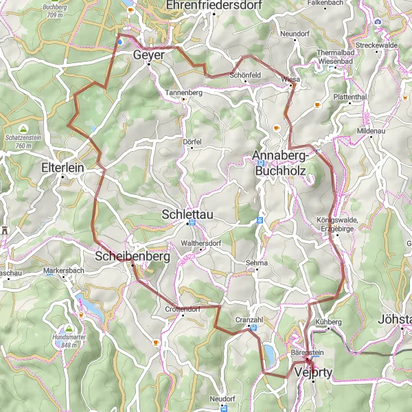 Map miniature of "Gravel Adventure through the Ore Mountains" cycling inspiration in Severozápad, Czech Republic. Generated by Tarmacs.app cycling route planner