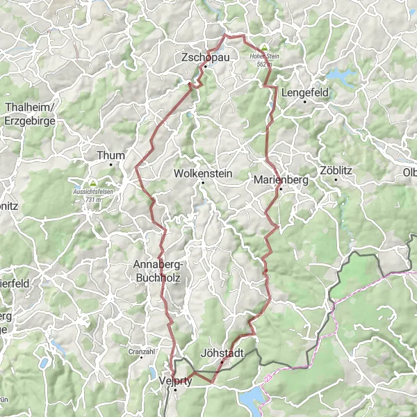 Map miniature of "Gravel Adventure through the Ore Mountains Wilderness" cycling inspiration in Severozápad, Czech Republic. Generated by Tarmacs.app cycling route planner