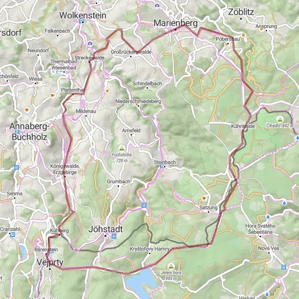 Karten-Miniaturansicht der Radinspiration "Gravel-Tour um Vejprty" in Severozápad, Czech Republic. Erstellt vom Tarmacs.app-Routenplaner für Radtouren