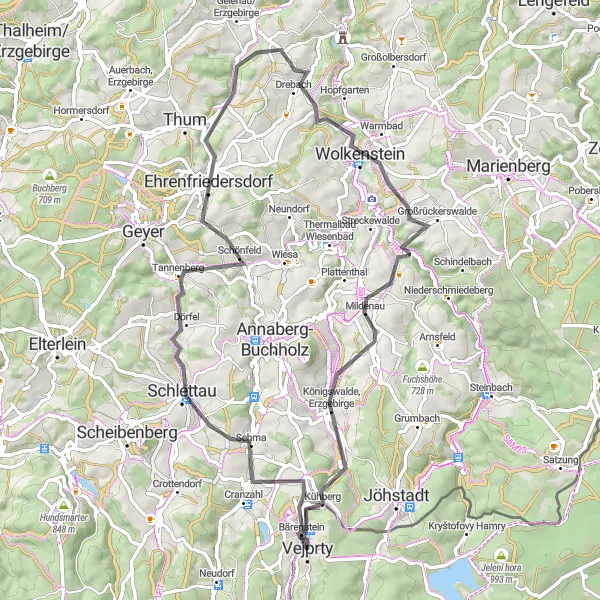 Map miniature of "Schlettau and Tannenberg Excursion" cycling inspiration in Severozápad, Czech Republic. Generated by Tarmacs.app cycling route planner