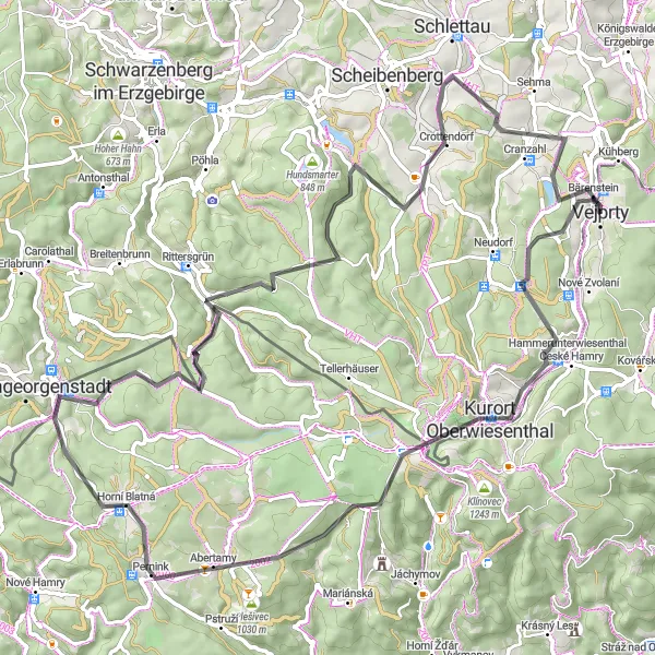 Map miniature of "Tour of Klínovec" cycling inspiration in Severozápad, Czech Republic. Generated by Tarmacs.app cycling route planner