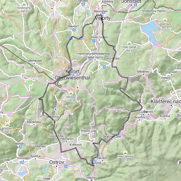 Mapa miniatúra "Cestování po silnici do Jáchymova" cyklistická inšpirácia v Severozápad, Czech Republic. Vygenerované cyklistickým plánovačom trás Tarmacs.app