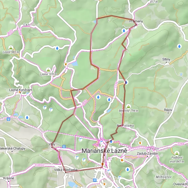 Mapa miniatúra "Gravelová cesta k Mariánským Lázním" cyklistická inšpirácia v Severozápad, Czech Republic. Vygenerované cyklistickým plánovačom trás Tarmacs.app