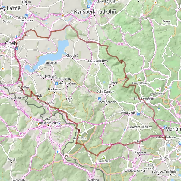 Mapa miniatúra "Kolem Dylene a Loveckého pahorku" cyklistická inšpirácia v Severozápad, Czech Republic. Vygenerované cyklistickým plánovačom trás Tarmacs.app