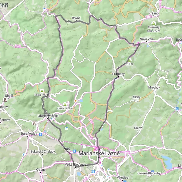 Miniaturní mapa "Kynžvartskými lesy" inspirace pro cyklisty v oblasti Severozápad, Czech Republic. Vytvořeno pomocí plánovače tras Tarmacs.app