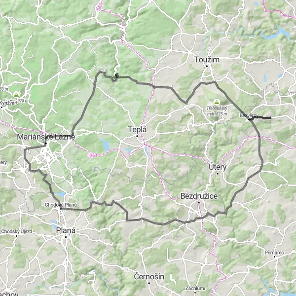 Karten-Miniaturansicht der Radinspiration "Rundfahrt um Velká Hleďsebe" in Severozápad, Czech Republic. Erstellt vom Tarmacs.app-Routenplaner für Radtouren