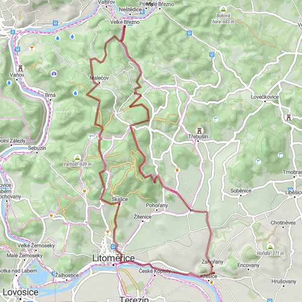 Miniaturní mapa "Gravelová trasa kolem Velkého Března" inspirace pro cyklisty v oblasti Severozápad, Czech Republic. Vytvořeno pomocí plánovače tras Tarmacs.app