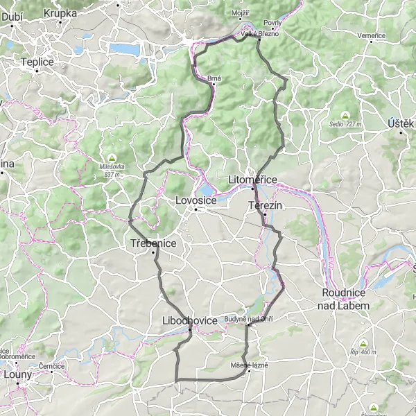 Miniaturní mapa "Okruh do kopcovité krajiny" inspirace pro cyklisty v oblasti Severozápad, Czech Republic. Vytvořeno pomocí plánovače tras Tarmacs.app