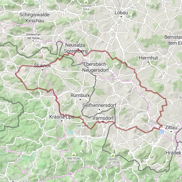 Map miniature of "The Gravel Challenge: Velký Šenov Expedition" cycling inspiration in Severozápad, Czech Republic. Generated by Tarmacs.app cycling route planner