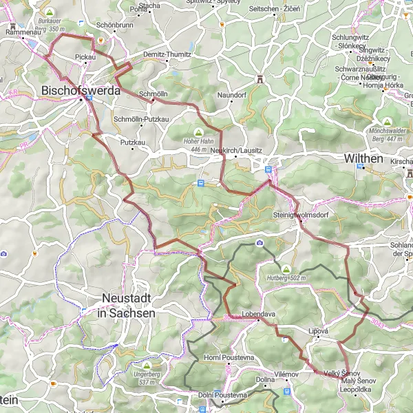 Miniaturní mapa "Gravel Trasa Kolem Velkého Šenova" inspirace pro cyklisty v oblasti Severozápad, Czech Republic. Vytvořeno pomocí plánovače tras Tarmacs.app