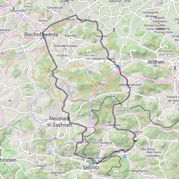 Map miniature of "Road Challenge to Vilémov" cycling inspiration in Severozápad, Czech Republic. Generated by Tarmacs.app cycling route planner