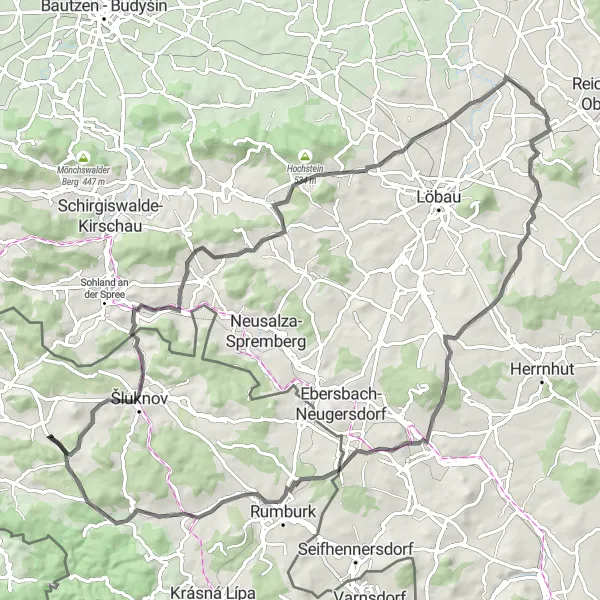 Map miniature of "Challenging Hills: Velký Šenov Delight" cycling inspiration in Severozápad, Czech Republic. Generated by Tarmacs.app cycling route planner