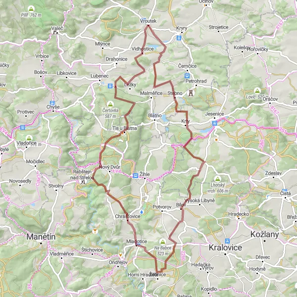 Mapa miniatúra "Gravelová cyklotrasa kolem Vroutek" cyklistická inšpirácia v Severozápad, Czech Republic. Vygenerované cyklistickým plánovačom trás Tarmacs.app