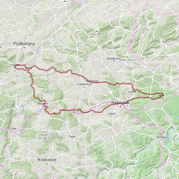 Map miniature of "Gravel Adventure: Vroutek to Schillerova rozhledna via Běsenský vrch and more" cycling inspiration in Severozápad, Czech Republic. Generated by Tarmacs.app cycling route planner