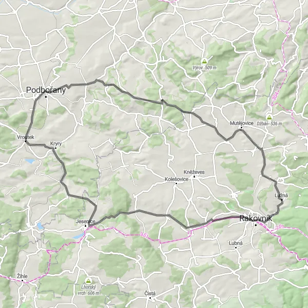 Mapa miniatúra "Road Tour Letov - Vroutek" cyklistická inšpirácia v Severozápad, Czech Republic. Vygenerované cyklistickým plánovačom trás Tarmacs.app