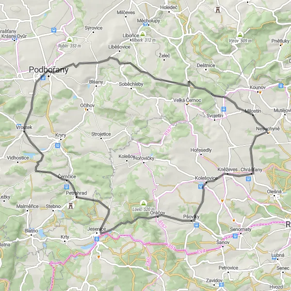 Mapa miniatúra "Výlet po okolí Vroutek" cyklistická inšpirácia v Severozápad, Czech Republic. Vygenerované cyklistickým plánovačom trás Tarmacs.app