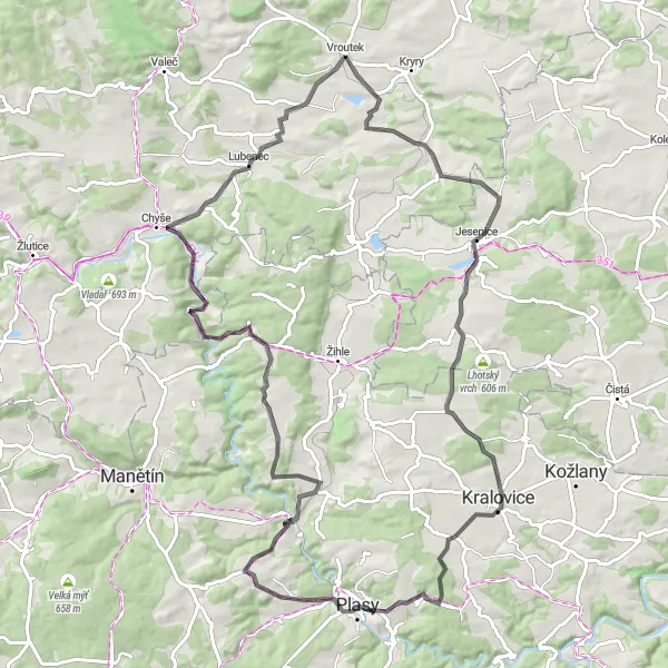 Map miniature of "Petrohrad and Drahoušský vrch Loop" cycling inspiration in Severozápad, Czech Republic. Generated by Tarmacs.app cycling route planner