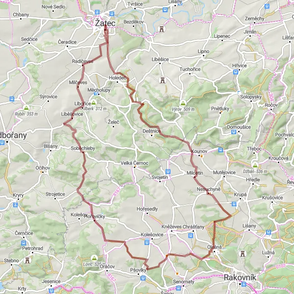 Mapa miniatúra "Gravelová trasa cez Žatec, Holedeček, Milostín, Olešná, Hořovičky, Libořice" cyklistická inšpirácia v Severozápad, Czech Republic. Vygenerované cyklistickým plánovačom trás Tarmacs.app