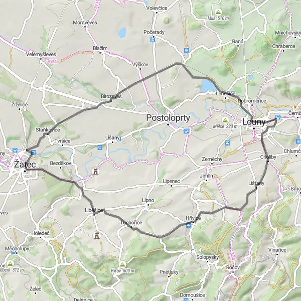 Map miniature of "Louny Loop" cycling inspiration in Severozápad, Czech Republic. Generated by Tarmacs.app cycling route planner