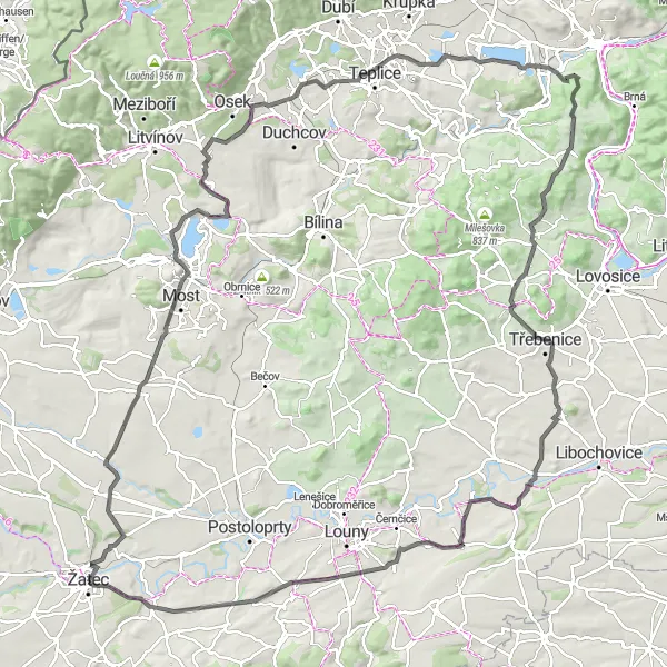 Miniaturní mapa "Okolí Žatce - Road route s Havraň, rozhledna Hněvín a dalšími zajímavostmi" inspirace pro cyklisty v oblasti Severozápad, Czech Republic. Vytvořeno pomocí plánovače tras Tarmacs.app