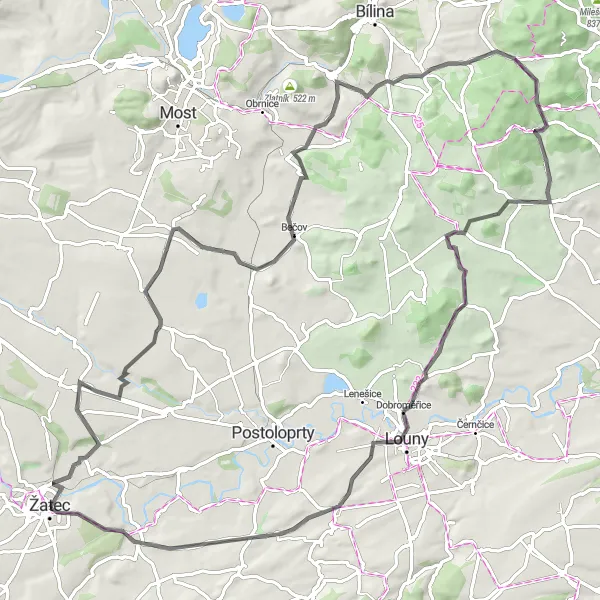 Miniaturní mapa "Okruh kolem Žatce a okolí" inspirace pro cyklisty v oblasti Severozápad, Czech Republic. Vytvořeno pomocí plánovače tras Tarmacs.app