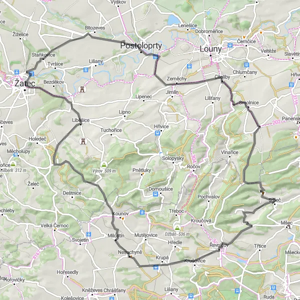 Miniaturní mapa "Trasa okolo Žatce s památkami a výhledy" inspirace pro cyklisty v oblasti Severozápad, Czech Republic. Vytvořeno pomocí plánovače tras Tarmacs.app