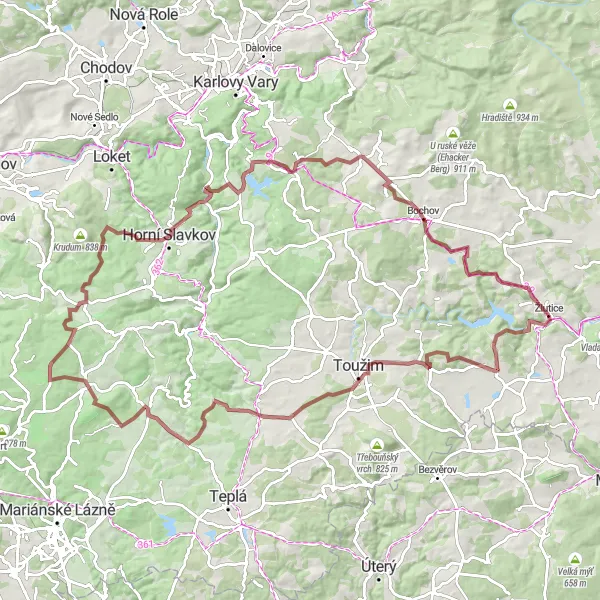 Miniaturní mapa "Lesními stezkami" inspirace pro cyklisty v oblasti Severozápad, Czech Republic. Vytvořeno pomocí plánovače tras Tarmacs.app