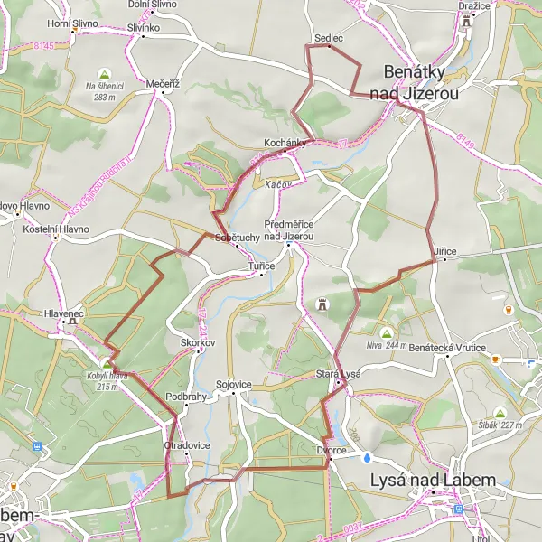 Mapa miniatúra "Za dobrodružstvom - Gravel" cyklistická inšpirácia v Střední Čechy, Czech Republic. Vygenerované cyklistickým plánovačom trás Tarmacs.app