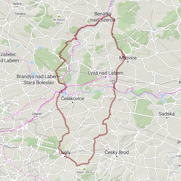 Mapa miniatúra "Zajímavá okružní trasa přes Kbel, Horoušánky a Sobětuchy" cyklistická inšpirácia v Střední Čechy, Czech Republic. Vygenerované cyklistickým plánovačom trás Tarmacs.app