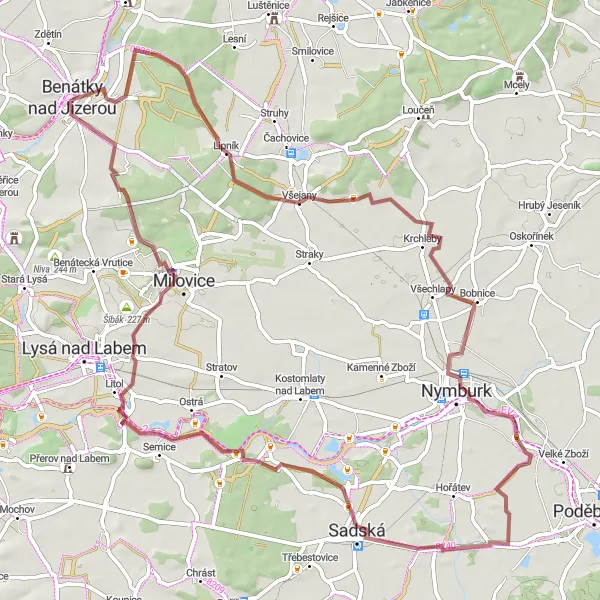 Mapa miniatúra "Příjemná cyklostezka přes Pískovou Lhotu a Bobnici" cyklistická inšpirácia v Střední Čechy, Czech Republic. Vygenerované cyklistickým plánovačom trás Tarmacs.app