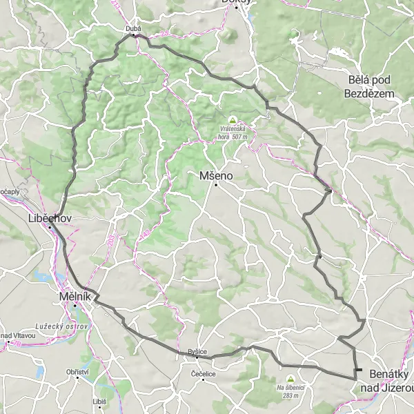 Map miniature of "The Road to Adventure" cycling inspiration in Střední Čechy, Czech Republic. Generated by Tarmacs.app cycling route planner
