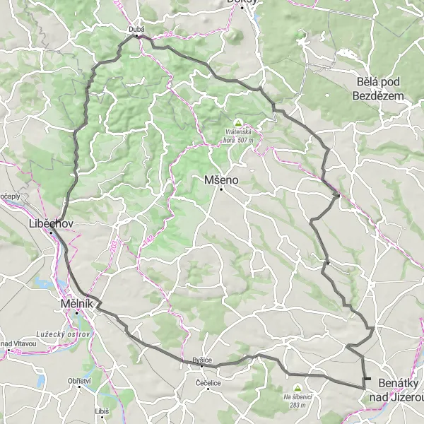 Mapa miniatúra "Okolo Benátek nad Jizerou - Cesta" cyklistická inšpirácia v Střední Čechy, Czech Republic. Vygenerované cyklistickým plánovačom trás Tarmacs.app