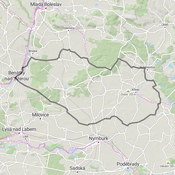 Map miniature of "Picturesque Road Cycling Route near Benátky nad Jizerou" cycling inspiration in Střední Čechy, Czech Republic. Generated by Tarmacs.app cycling route planner