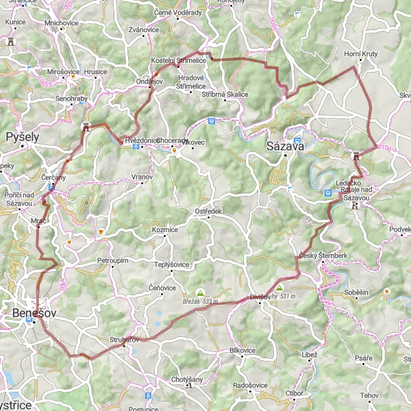 Karten-Miniaturansicht der Radinspiration "Abenteuerliche Gravelroute" in Střední Čechy, Czech Republic. Erstellt vom Tarmacs.app-Routenplaner für Radtouren