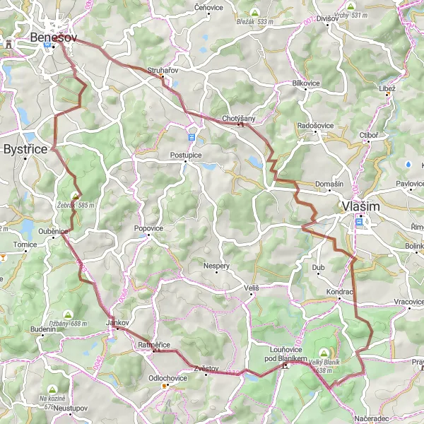 Map miniature of "Benešov Gravel Adventure" cycling inspiration in Střední Čechy, Czech Republic. Generated by Tarmacs.app cycling route planner