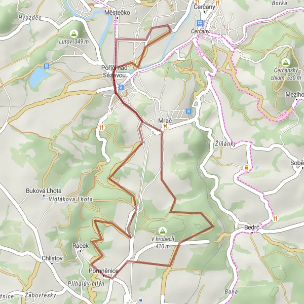 Miniaturní mapa "Gravelová trasa Pomněnice - Poříčí nad Sázavou - V hrobech" inspirace pro cyklisty v oblasti Střední Čechy, Czech Republic. Vytvořeno pomocí plánovače tras Tarmacs.app