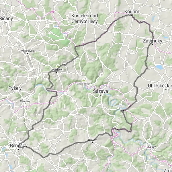 Map miniature of "Round-trip Cycling Route from Benešov" cycling inspiration in Střední Čechy, Czech Republic. Generated by Tarmacs.app cycling route planner
