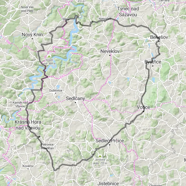 Map miniature of "Benešov to Mariánovice and Back" cycling inspiration in Střední Čechy, Czech Republic. Generated by Tarmacs.app cycling route planner