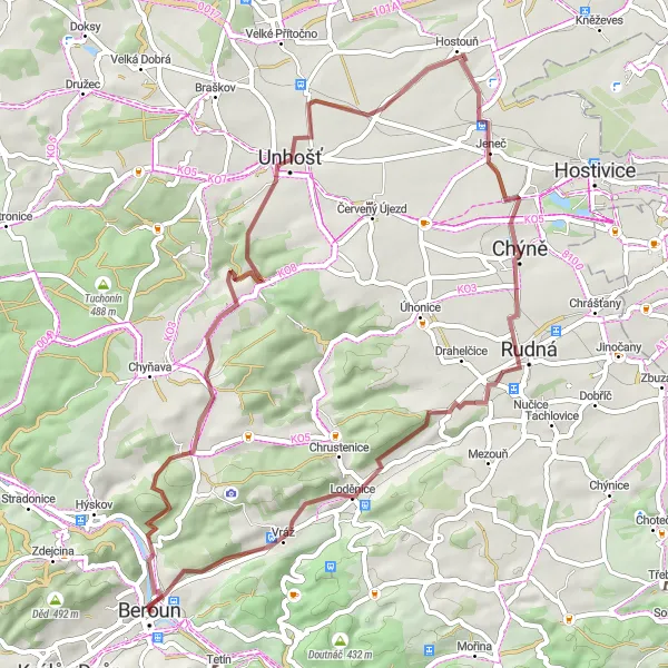 Miniaturní mapa "Gravelová jízda okolo Berouna" inspirace pro cyklisty v oblasti Střední Čechy, Czech Republic. Vytvořeno pomocí plánovače tras Tarmacs.app