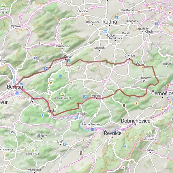 Miniaturní mapa "Loděnice - Prague Gate" inspirace pro cyklisty v oblasti Střední Čechy, Czech Republic. Vytvořeno pomocí plánovače tras Tarmacs.app