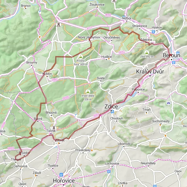 Map miniature of "The Beroun-Město Gravel Adventure" cycling inspiration in Střední Čechy, Czech Republic. Generated by Tarmacs.app cycling route planner