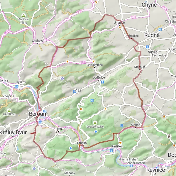 Miniaturní mapa "Gravel Beroun Exploration" inspirace pro cyklisty v oblasti Střední Čechy, Czech Republic. Vytvořeno pomocí plánovače tras Tarmacs.app