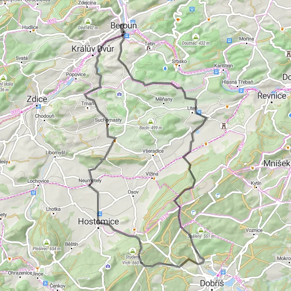 Mapa miniatúra "Cestná trasa okolo Berouna" cyklistická inšpirácia v Střední Čechy, Czech Republic. Vygenerované cyklistickým plánovačom trás Tarmacs.app